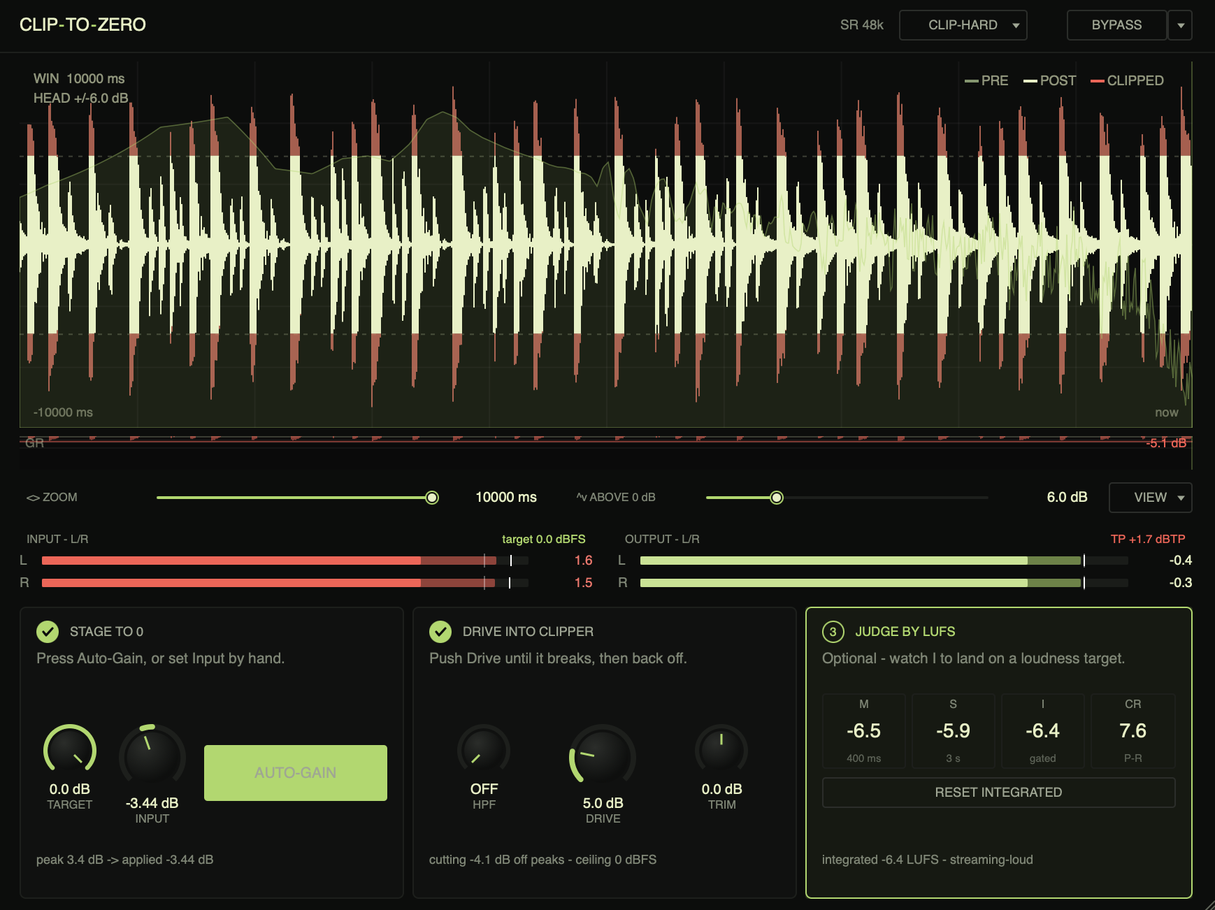 ClipToZero plugin UI - oscilloscope, peak and LUFS meters, and three-stage workflow controls